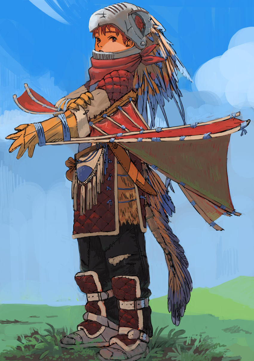 1boy absurdres armor bandana blue_sky brown_eyes brown_gloves brown_hair clouds fake_tail fake_wings feathers gloves grass helmet highres male_focus original outdoors patches red_bandana scratches sky solo standing stitches tail turquoise_iro wings