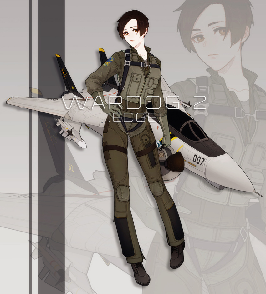 1girl ace_combat ace_combat_5 aircraft airplane brown_eyes character_name collarbone commentary emblem f-14_tomcat fighter_jet hand_on_hip helmet highres holding holding_helmet jet kei_nagase looking_at_viewer military military_vehicle missile patch pilot pilot_helmet pilot_suit short_hair skyleranderton standing weapon