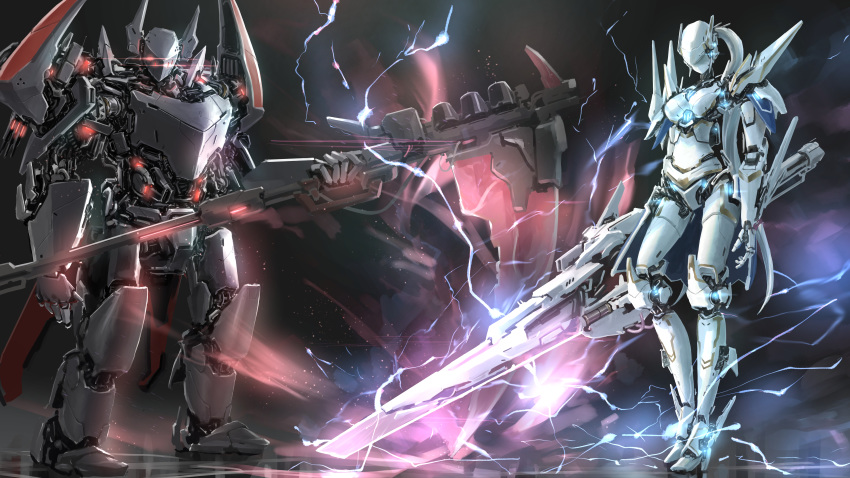 absurdres black_background breasts electricity english_commentary extra_eyes glowing glowing_eyes glowing_weapon highres holding holding_scythe holding_sword holding_weapon huge_filesize huge_weapon looking_down mecha no_eyes no_humans open_hand original red_eyes scythe simple_background standing sword takuan_(a_mood_home) weapon white_hair