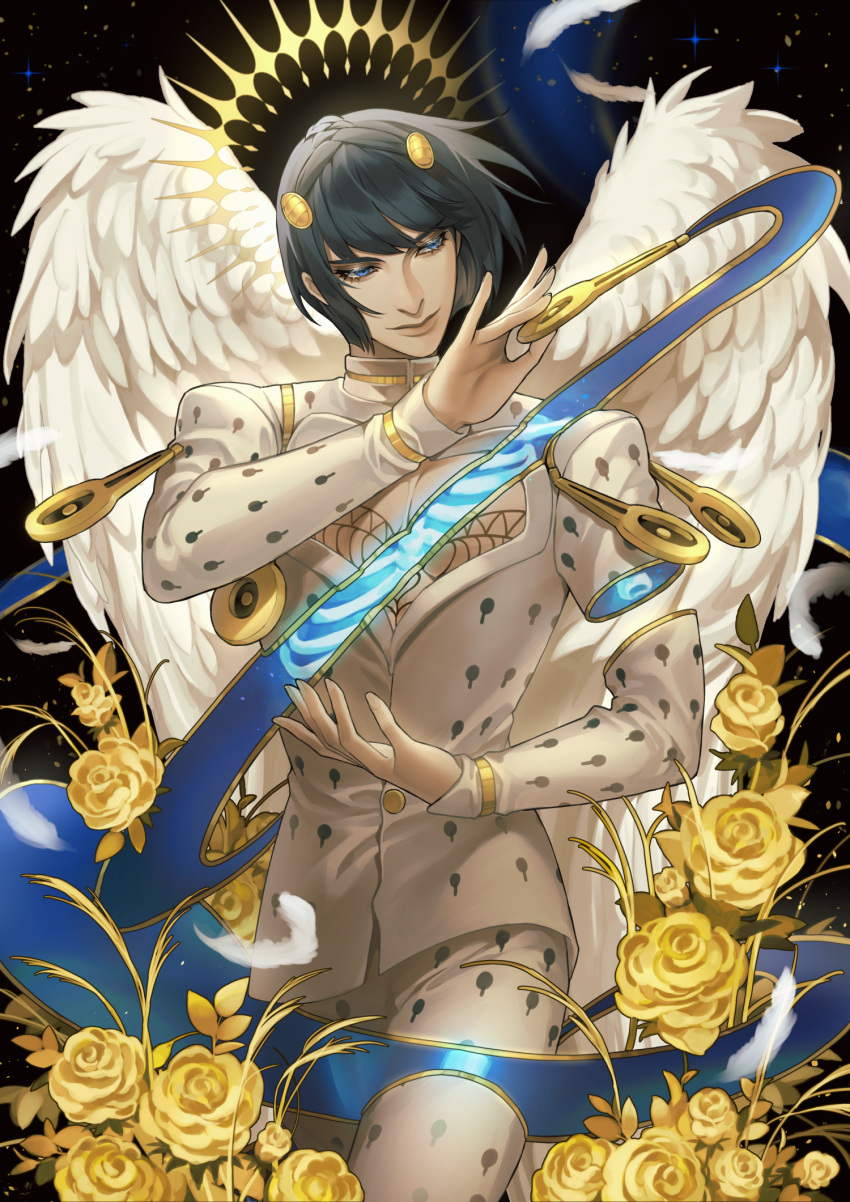 angel angel_wings black_hair blue_eyes bob_cut bruno_buccellati cao_hong_anh feathered_wings feathers flower gold hair_ornament hairclip halo highres jojo_no_kimyou_na_bouken rose vento_aureo white_wings wings
