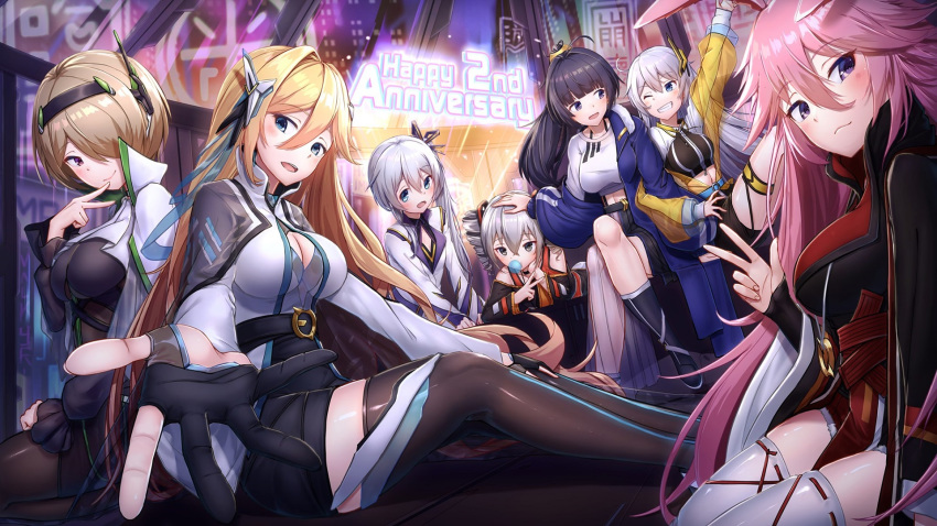 6+girls :3 :d ;) ahoge animal_ears arm_up baggy_clothes bangs belt bianka_durandal_ataegina black_jacket black_shorts blonde_hair blue_coat blue_eyes blush breasts bronya_zaychik brown_hair bubble_blowing buckle capelet choker city_lights cityscape coat cropped_shirt crossed_bangs crossed_legs drill_hair everyone expressionless eyebrows_visible_through_hair finger_to_mouth fox_ears fur-trimmed_coat fur_trim gloves grey_eyes grey_hair grin hair_between_eyes hair_flaps hair_ornament hair_over_one_eye hair_over_shoulder hand_on_another's_head headband headgear highres honkai_(series) honkai_impact_3rd indoors jacket japanese_clothes jewelry kiana_kaslana kimono large_breasts locked_arms long_hair long_sleeves looking_at_viewer lying medium_breasts messy_hair midriff multiple_girls necklace night off_shoulder official_art on_stomach one_eye_closed open_clothes open_coat open_mouth partly_fingerless_gloves pink_hair ponytail raiden_mei rita_rossweisse short_hair shorts shoulder_cutout side_ponytail sidelocks silver_hair sitting small_breasts smile theresa_apocalypse thigh-highs thigh_strap twin_drills two-tone_shirt v very_long_hair violet_eyes w xfate yae_sakura yellow_jacket zipper