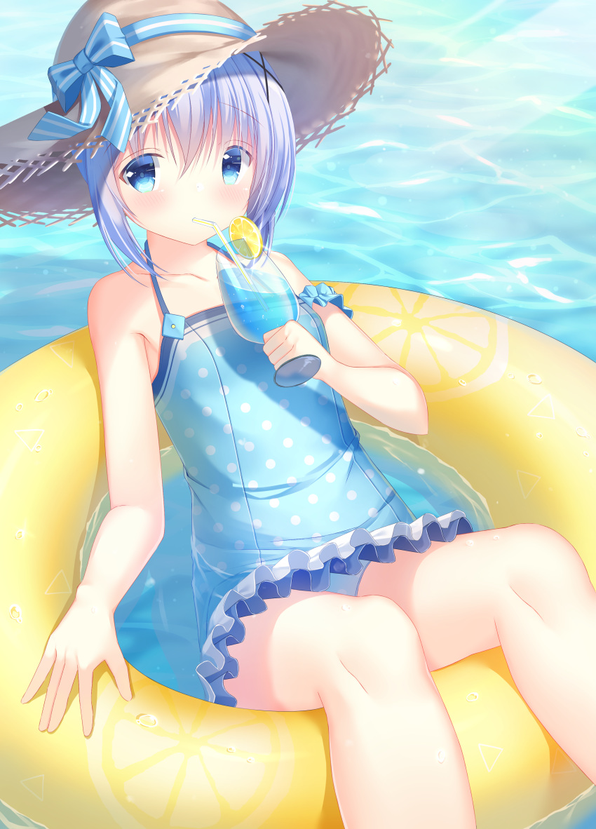1girl absurdres bangs bare_arms bare_shoulders bendy_straw blue_bow blue_eyes blue_hair blue_swimsuit blush bow breasts brown_headwear casual_one-piece_swimsuit collarbone commentary_request cup day drinking_glass drinking_straw eyebrows_visible_through_hair feet_out_of_frame food frilled_swimsuit frills fruit gochuumon_wa_usagi_desu_ka? hair_between_eyes hair_ornament hat hat_bow highres holding holding_cup innertube kafuu_chino lemon lemon_slice looking_at_viewer one-piece_swimsuit outdoors pizzzica polka_dot polka_dot_swimsuit short_hair small_breasts solo straw_hat striped striped_bow swimsuit tropical_drink water x_hair_ornament