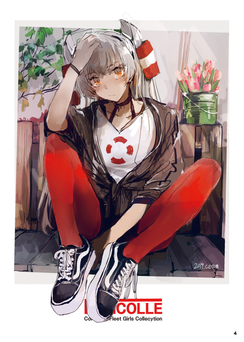 1girl absurdres alternate_costume amatsukaze_(kantai_collection) black_footwear black_jacket blush border bucket closed_mouth copyright_name custom_(cus-tom) dated grey_hair hair_tubes highres jacket kantai_collection long_hair orange_eyes pantyhose plant red_legwear shirt shoes shorts signature sitting sneakers solo two_side_up white_shirt