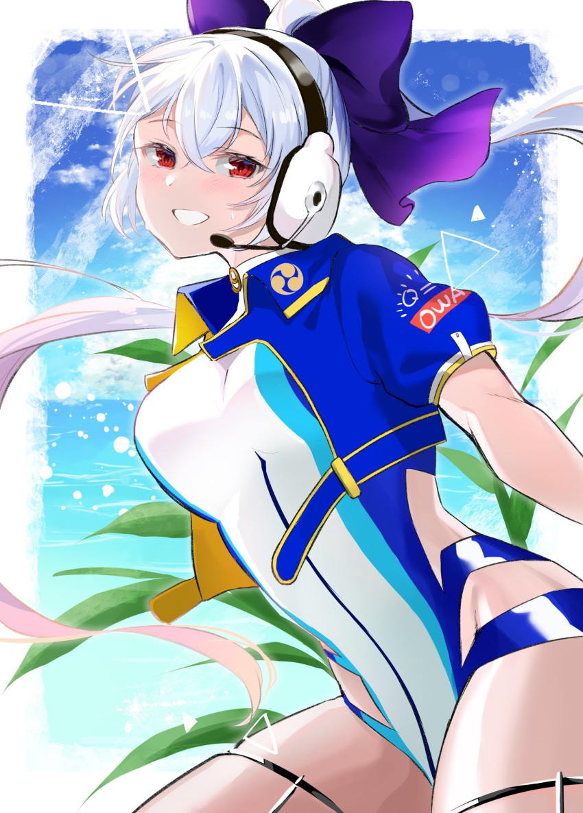 1girl blue_jacket blue_sky blue_swimsuit blush border bow commentary_request fate/grand_order fate_(series) felnemo grin hair_between_eyes hair_bow headphones headset highres jacket long_hair looking_at_viewer microphone mitsudomoe_(shape) multicolored multicolored_clothes multicolored_swimsuit ocean one-piece_swimsuit purple_bow red_eyes short_sleeves silver_hair sky smile solo swimsuit thigh_strap tomoe_(symbol) tomoe_gozen_(fate/grand_order) very_long_hair white_border white_swimsuit