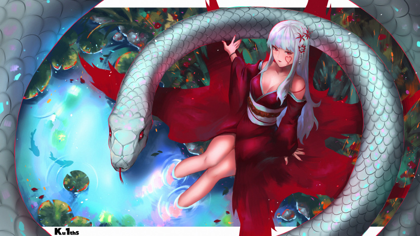 1girl absurdres animal english_commentary facial_mark fish flower forked_tongue from_above giant_snake hair_flower hair_ornament highres japanese_clothes kimono ku1ths lily_pad long_hair obi original oversized_animal red_eyes red_flower red_kimono red_nails sash sitting slit_pupils snake soaking_feet solo tongue white_hair white_snake wide_sleeves