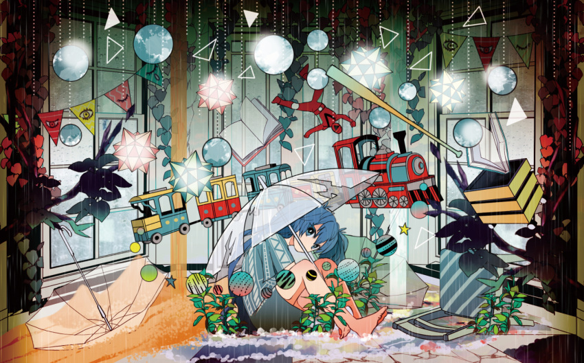 1girl barefoot baseball_bat blue_hair blue_shirt blue_skirt book commentary cracked_floor dodecahedron eyebrows_visible_through_hair floating floating_object from_side hatsune_miku indoors leg_hug long_hair looking_at_viewer magatan pennant plant rain sentai shirt sitting skirt solo sphere star_(symbol) tile_floor tiles toy_train transparent transparent_umbrella triangle twintails umbrella vocaloid window