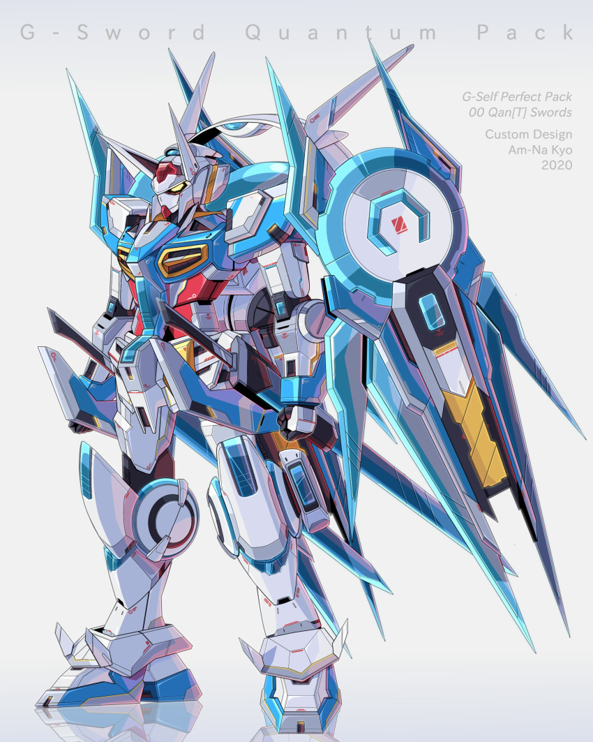 00_qan[t] absurdres artist_name azzalea character_name clenched_hands english_commentary fusion g-self gundam gundam_00 gundam_00_a_wakening_of_the_trailblazer gundam_g_no_reconguista highres holstered_weapon horns looking_ahead mecha no_humans standing sword weapon yellow_eyes