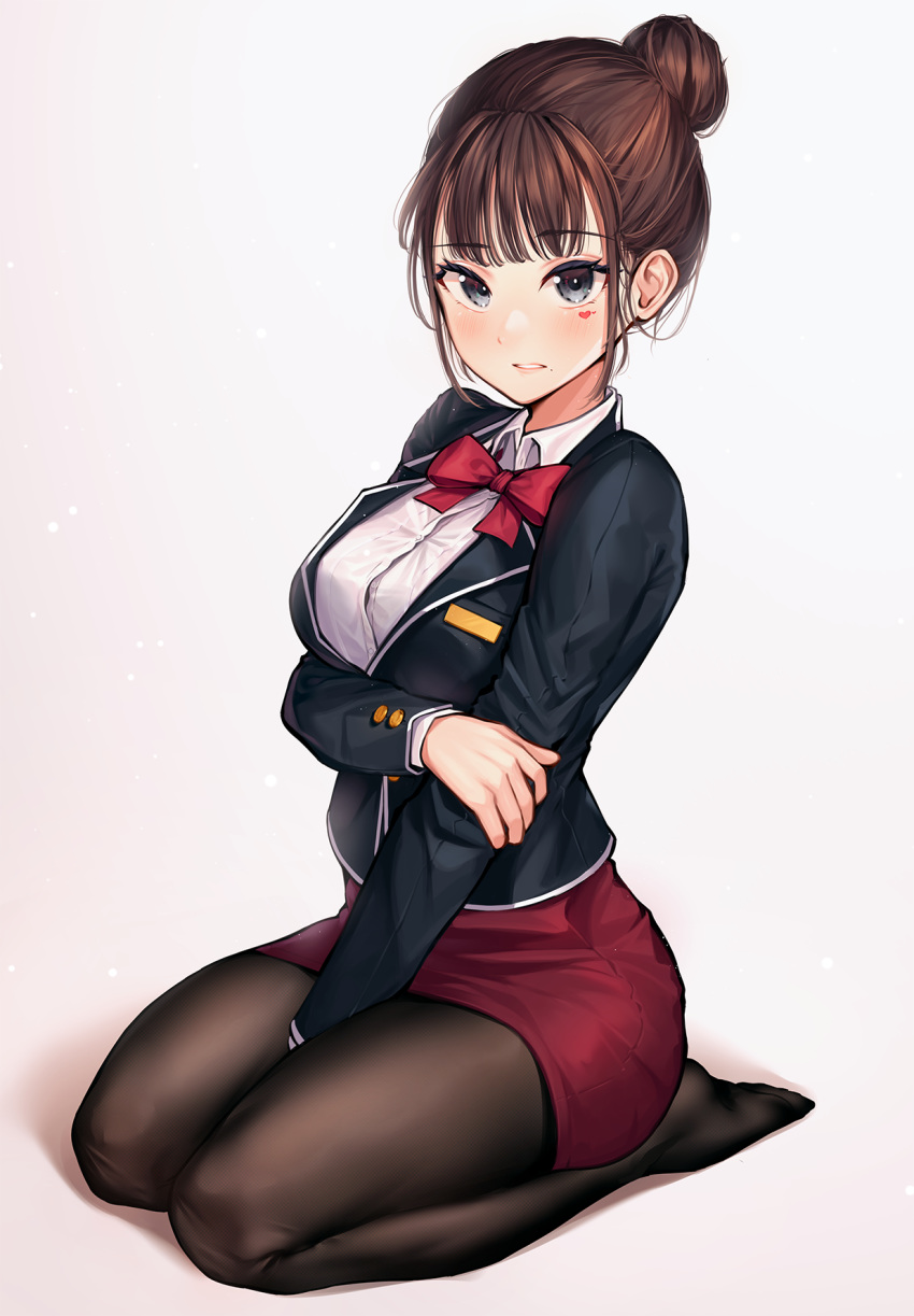 1girl between_legs black_eyes black_jacket blazer bow bowtie breast_hold breasts brown_hair brown_legwear collared_shirt facial_mark fine_fabric_emphasis hair_bun hakushoku_n highres jacket large_breasts long_sleeves looking_at_viewer miniskirt mole mole_under_eye no_shoes original pantyhose parted_lips pencil_skirt red_skirt seiza shirt sidelocks simple_background sitting skirt solo tied_hair undershirt white_background white_shirt