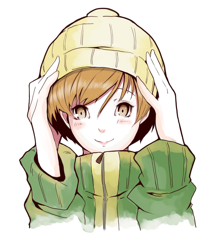 1girl artist_request beanie brown_eyes brown_hair hat highres jacket persona persona_4 satonaka_chie short_hair smile solo track_jacket