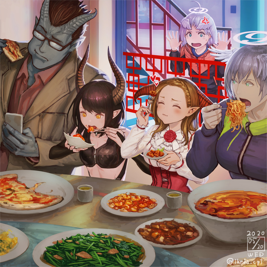 1boy 4girls ahoge angel anger_vein artist_name bangs beans black_choker black_hair blush braid breasts bridal_gauntlets brown_coat brown_hair brown_shirt choker chopsticks closed_eyes coat collared_shirt commentary_request corset curry dated demon_boy demon_girl eating flower flower_neckwear food forehead fork frills glasses grey_hair grey_skin halo head_wings highres holding holding_chopsticks holding_fork holding_phone hood hood_down hooded_jacket hoodie horns ikeda_(cpt) indoors jacket large_breasts long_hair long_sleeves medium_breasts medium_hair multiple_girls noodles open_mouth original phone pizza plate pointy_ears ramen red_corset ribbon rose shirt short_hair silver_hair sitting small_breasts smile stairs table tagme very_short_hair white_ribbon
