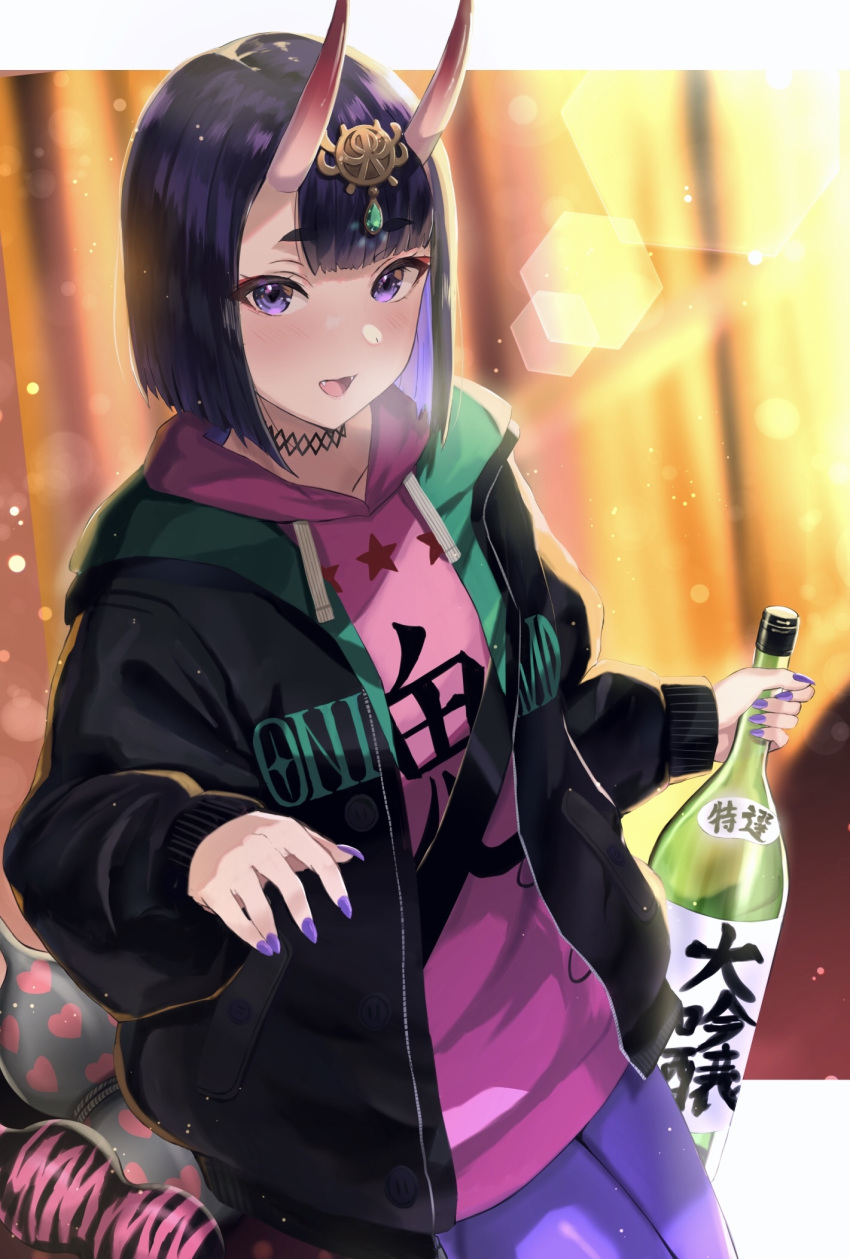 1girl bangs blush bob_cut bottle breasts contemporary eyeliner fate/grand_order fate_(series) headpiece highres horns long_sleeves looking_at_viewer makeup nail_polish oni oni_horns open_mouth purple_hair purple_nails sakamuke sake_bottle short_eyebrows short_hair shuten_douji_(fate/grand_order) skin-covered_horns small_breasts smile under_the_same_sky violet_eyes