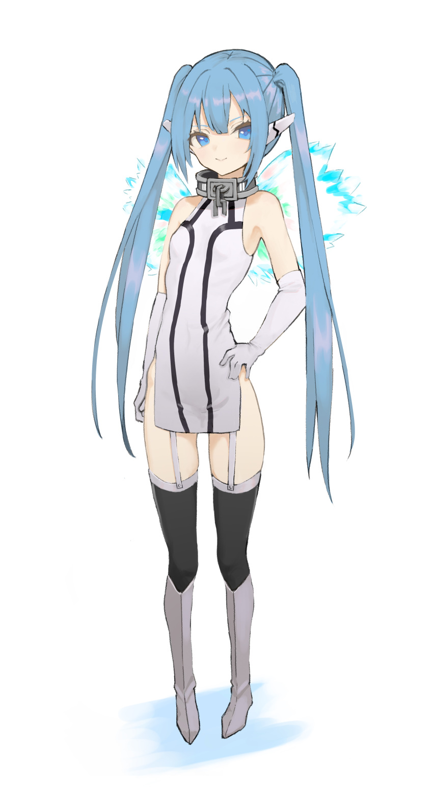 1girl absurdres bare_shoulders black_legwear blue_eyes blue_hair broken broken_chain chain closed_mouth covered_navel cuffs garter_straps gloves grey_footwear hand_on_hip highres long_hair mini_wings nitrio nymph_(sora_no_otoshimono) shackles simple_background smile solo sora_no_otoshimono standing twintails white_background white_gloves wings