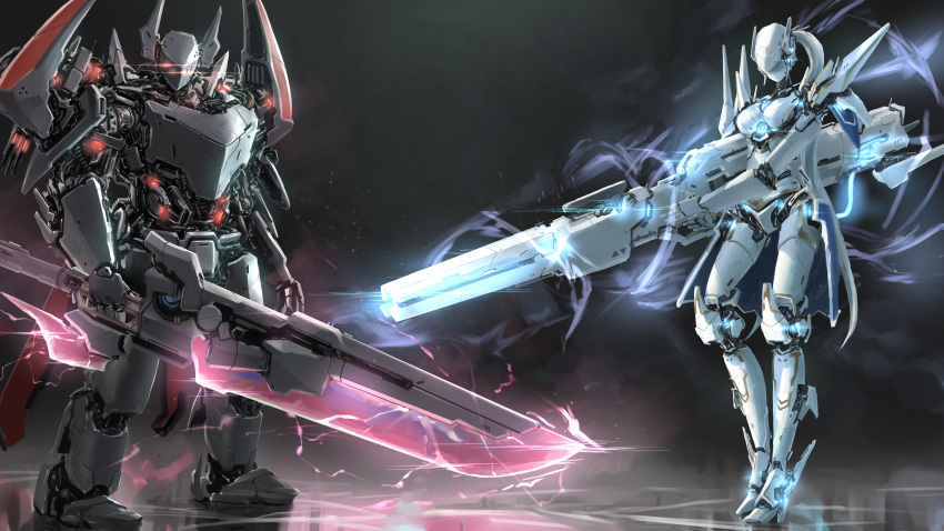 absurdres black_background breasts electricity english_commentary extra_eyes glowing glowing_eyes glowing_weapon gun highres holding holding_gun holding_sword holding_weapon huge_filesize huge_weapon looking_down mecha no_eyes no_humans open_hand original red_eyes simple_background standing sword takuan_(a_mood_home) weapon white_hair