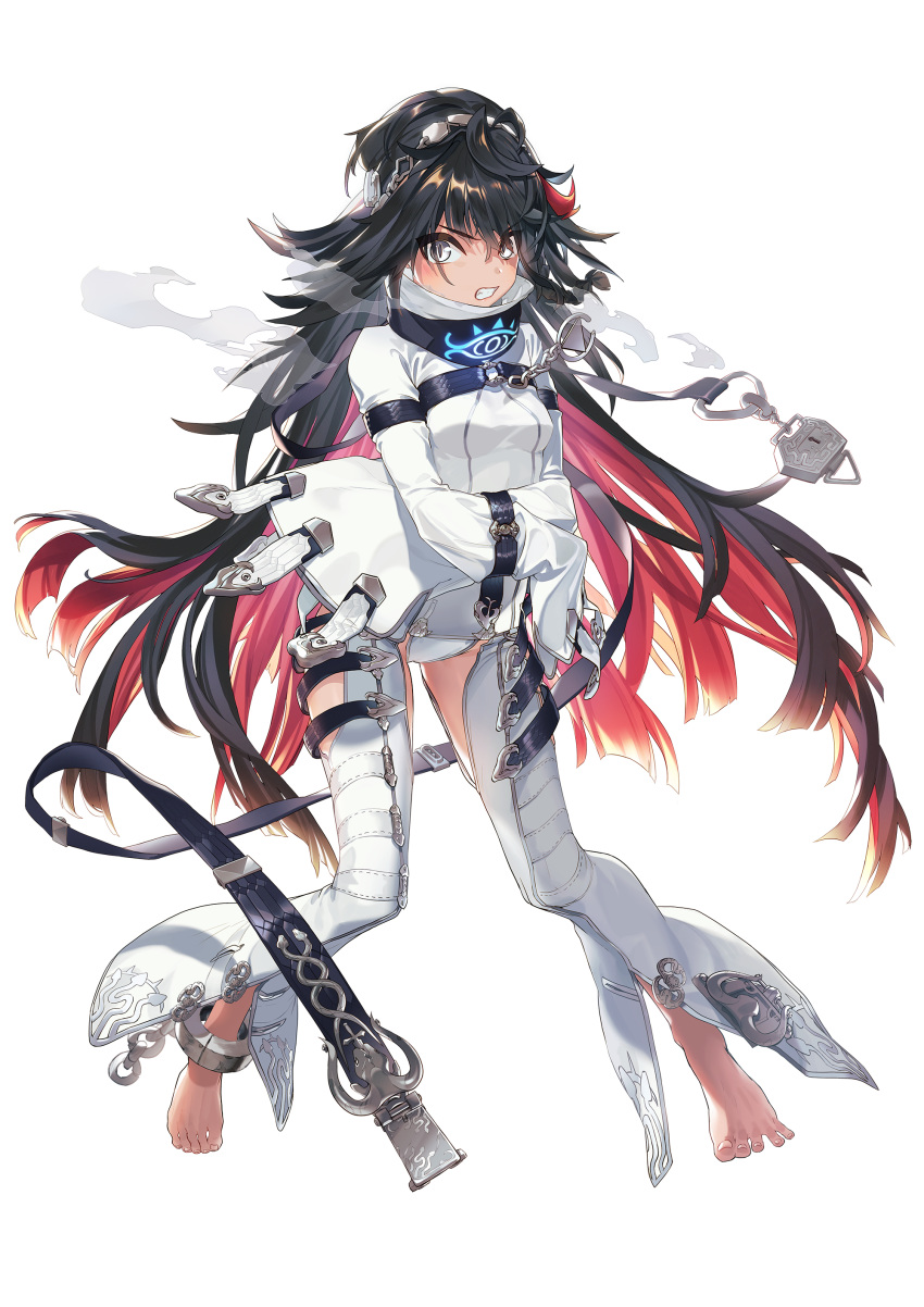 1girl absurdres bangs barefoot black_eyes black_hair clenched_teeth colored_inner_hair cuffs eyebrows_visible_through_hair full_body headband high_collar highres king's_raid long_hair looking_at_viewer multicolored_hair redhead sachimaa shackles sleeves_past_wrists solo teeth transparent_background two-tone_hair
