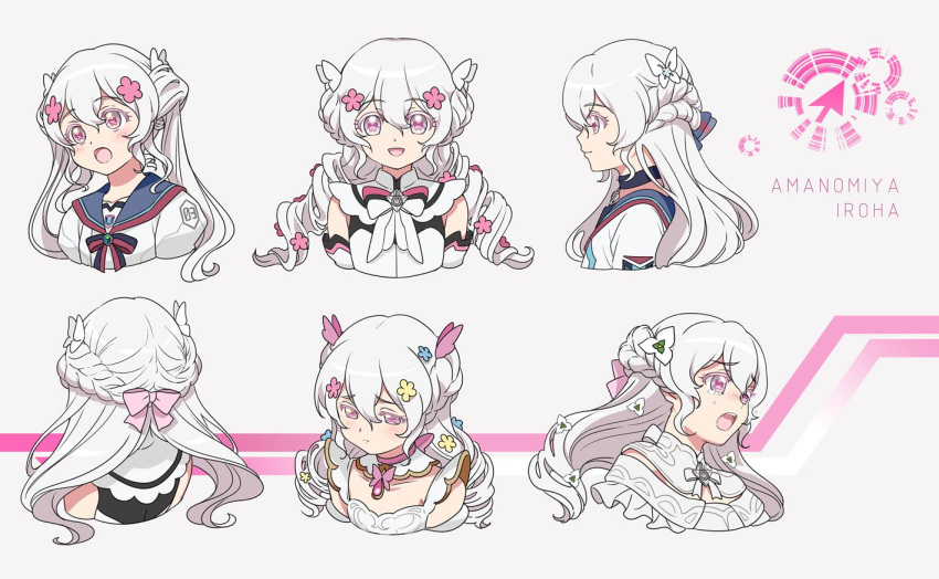 1girl :d black_choker bow bowtie braid butterfly-shaped_pupils butterfly_hair_ornament character_name character_sheet choker drill_hair english_commentary expressions eyebrows_visible_through_hair flower hair_bow hair_flower hair_ornament interstys:_battle_frontier jewelry kaze-hime multiple_views open_mouth pendant pink_bow pink_eyes portrait profile sailor_collar smile symbol-shaped_pupils twin_drills white_hair