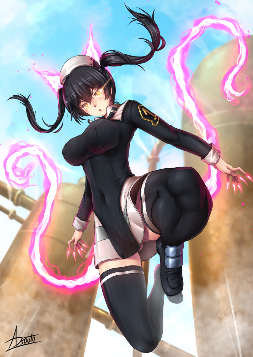 1girl :o adsouto ass_visible_through_thighs bangs black_footwear black_hair black_legwear black_shirt blue_sky blush breasts commentary covered_navel covered_nipples en'en_no_shouboutai eyebrows_visible_through_hair fiery_ears fiery_tail fire floating floating_hair full_body glowing glowing_eyes hair_between_eyes head_tilt headgear highres long_hair long_sleeves looking_at_viewer medium_breasts open_mouth purple_fire shirt shoes sidelocks signature skindentation skirt sky solo steam tail tamaki_kotatsu thigh-highs twintails white_skirt yellow_eyes zettai_ryouiki