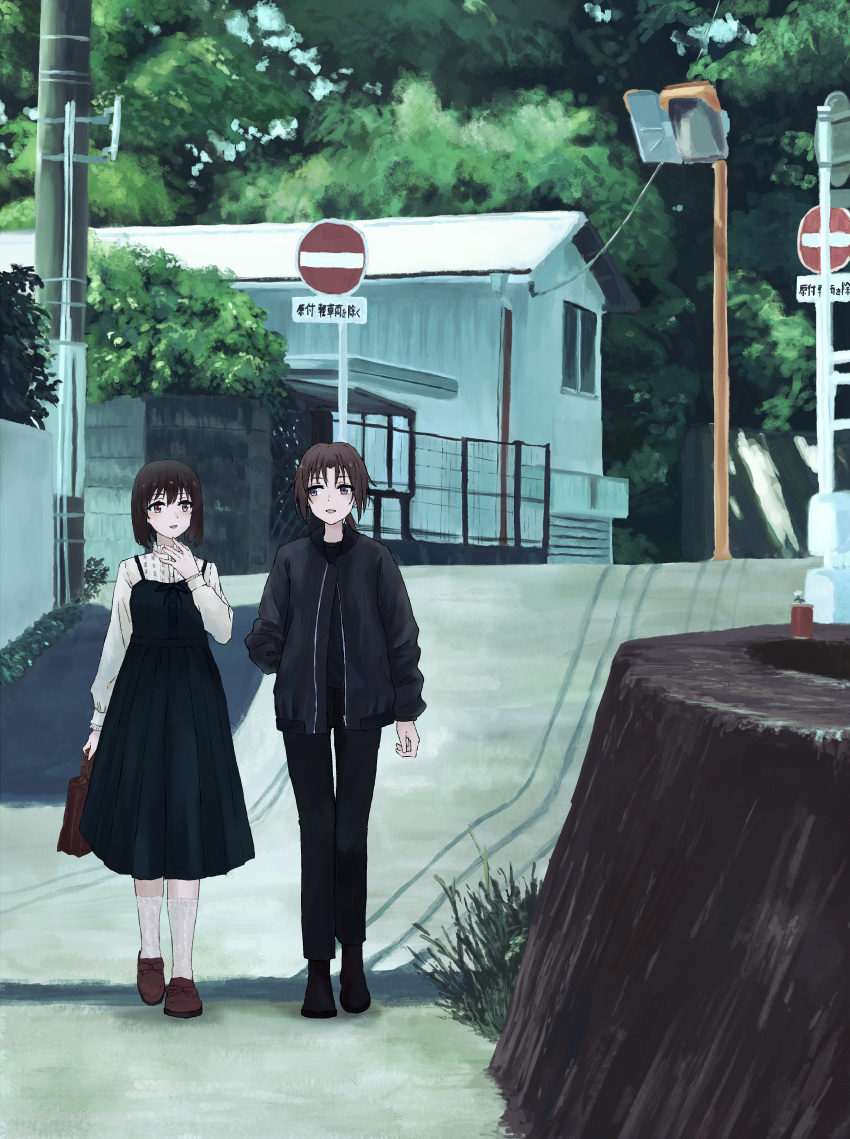 2girls absurdres bag bangs black_dress black_footwear black_hair black_jacket black_pants black_shirt blush brown_footwear brown_hair building dress hand_up hibike!_euphonium highres hisaishi_kanade holding holding_bag huge_filesize jacket loafers long_hair long_sleeves looking_at_another mellow4043 multiple_girls nakagawa_natsuki open_mouth outdoors pants ponytail red_eyes road road_sign scenery shirt shoes short_hair sign smile socks standing tree utility_pole violet_eyes white_legwear white_shirt