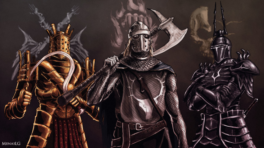 3boys arm_at_side armor axe belt black_armor black_background black_eyes blue_cape breastplate cape chainmail creighton_of_mirrah crossed_arms dark_souls dark_souls_ii demon's_souls english_commentary facing_viewer faulds gauntlets gold_armor helmet highres holding holding_axe holding_weapon horned_helmet knight knight_lautrec_of_carim looking_at_viewer male_focus medium_hair menaslg multiple_boys over_shoulder pauldrons sheath sheathed shotel shoulder_armor simple_background souls_(from_software) surcoat sword symbol thumbs_up upper_body weapon white_hair yurt_the_silent_chief