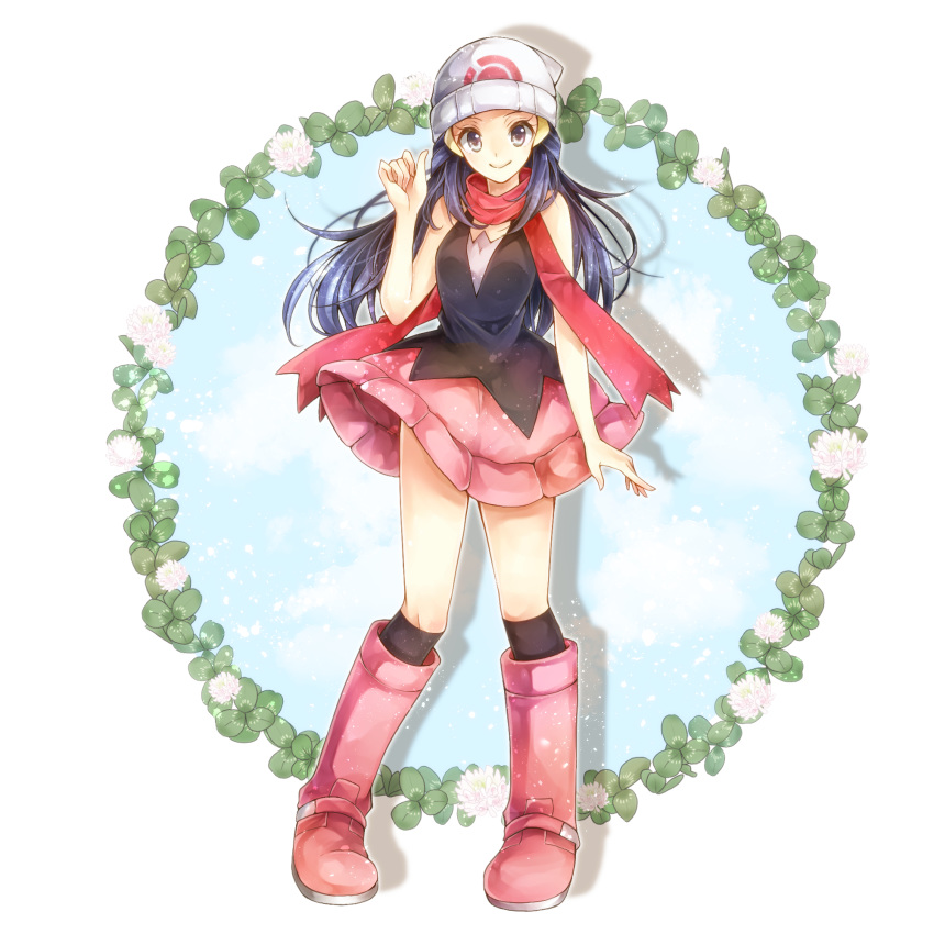 black_legwear blue_eyes blue_hair boots flower hat highres hikari_(pokemon) kneehighs leaf long_hair pink_footwear pink_skirt poke_ball_symbol pokemon red_scarf scarf shirt sidelocks skirt sleeveless sleeveless_shirt yomogi_(black-elf)