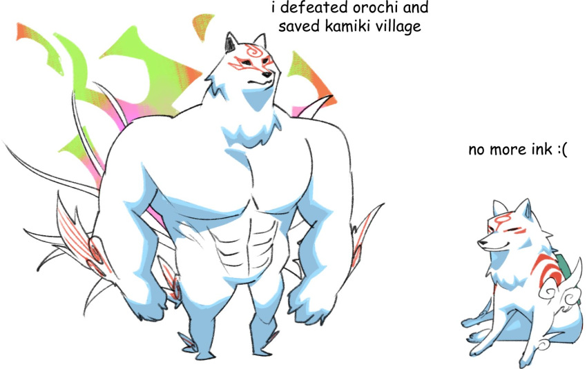 amaterasu animal apticho cheemsburger_(doge) comic_sans doge emoticon meme muscle no_humans ookami_(game) shiranui_(ookami) simple_background smile standing white_background white_wolf wolf