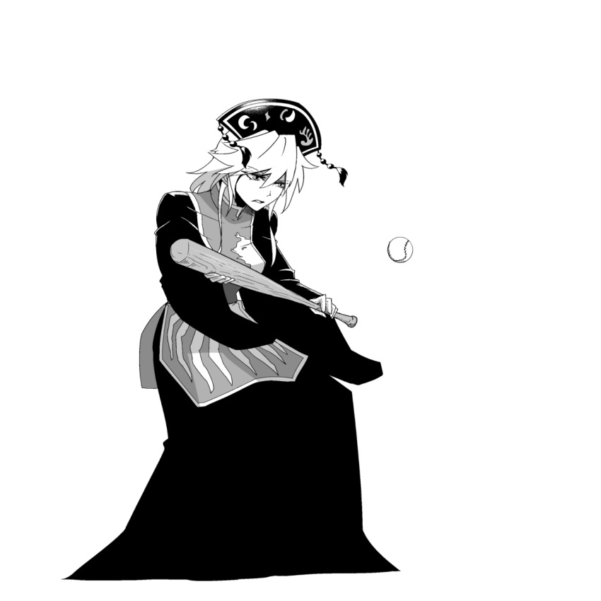 1girl ball baseball baseball_bat baseball_mitt black_dress black_headwear bunting_(baseball) commentary dress full_body highres holding holding_baseball_bat junko_(touhou) kikoka_(mizuumi) long_hair long_sleeves monochrome simple_background solo tabard touhou white_background wide_sleeves