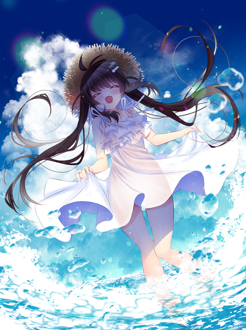 1girl absurdres bare_arms blush brown_hair closed_eyes clouds cloudy_sky day dress dress_lift eyebrows_visible_through_hair facing_viewer fang hair_between_eyes hair_ornament hairclip hano_haruka hat highres light_particles long_hair ocean open_mouth original skin_fang sky sleeveless sleeveless_dress solo straw_hat sundress twintails very_long_hair wading water_drop white_dress