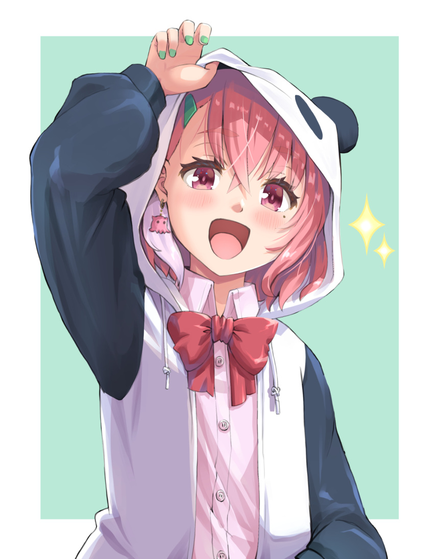 1girl animal_hood arm_up bow commentary_request earrings green_nails hair_between_eyes hair_ornament hairclip haniwa_(leaf_garden) highres hood hoodie jewelry long_sleeves nijisanji open_mouth orange_hair panda_hood pink_eyes pink_shirt sasaki_saku shirt smile solo sparkle upper_body virtual_youtuber