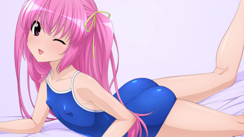 1girl absurdres blue_swimsuit collarbone commentary_request competition_school_swimsuit covered_nipples feet_out_of_frame flat_chest hair_ribbon highres long_hair looking_at_viewer lying on_stomach one_eye_closed original ribbon school_swimsuit smile solo sugimura_tomokazu swimsuit two_side_up violet_eyes wallpaper yellow_ribbon