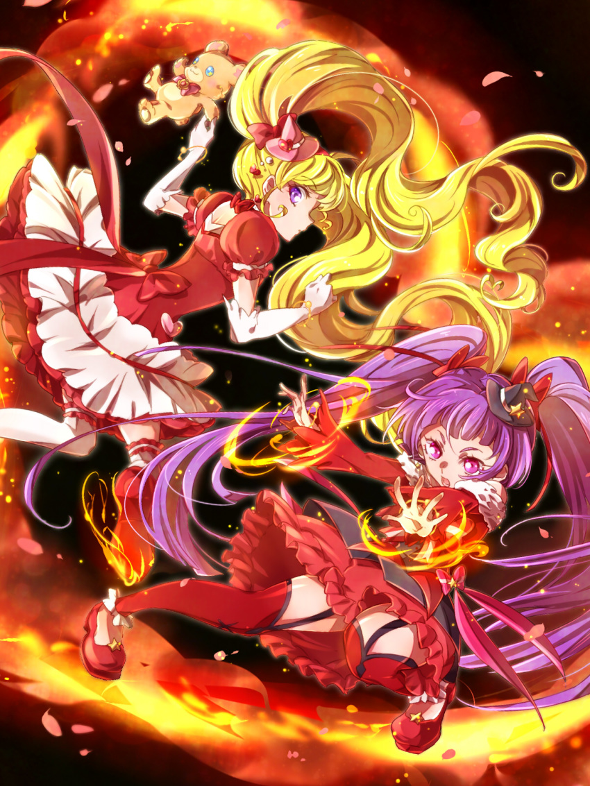 2girls bangs blonde_hair bow bracelet closed_mouth cure_magical cure_miracle elbow_gloves eyebrows_visible_through_hair fire floating_hair frilled_skirt frills garter_straps gloves hair_bow hat highres jewelry long_hair looking_at_viewer magic mahou_girls_precure! mini_hat miniskirt multiple_girls outstretched_hand pink_eyes pink_headwear precure purple_hair red_bow red_legwear red_skirt shipu_(gassyumaron) skirt stuffed_animal stuffed_toy teddy_bear thigh-highs twintails very_long_hair violet_eyes white_gloves white_skirt witch_hat
