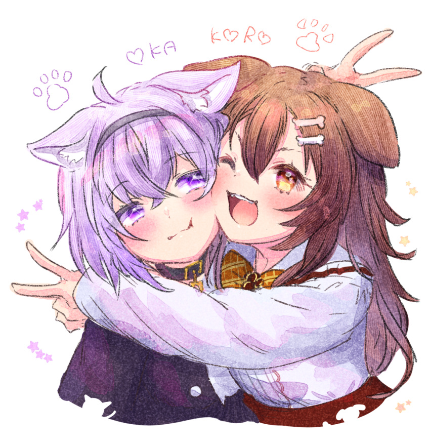 2girls :t ;d ahoge animal_ear_fluff animal_ears arm_up bangs black_hairband bow brown_bow brown_eyes brown_hair cat_ears character_name cheek-to-cheek closed_mouth collared_shirt cropped_torso dog_ears eyebrows_visible_through_hair hair_between_eyes hairband heart highres hololive hug inugami_korone ittokyu long_hair looking_at_viewer multiple_girls nekomata_okayu one_eye_closed open_mouth plaid plaid_bow purple_hair purple_shirt shirt simple_background smile upper_body v v-shaped_eyebrows violet_eyes virtual_youtuber white_background white_shirt