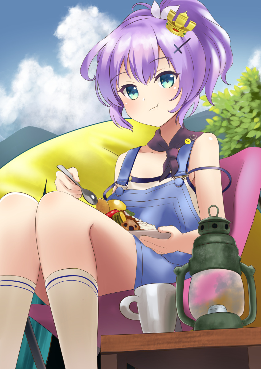 1girl :t absurdres alternate_costume anchor_symbol azur_lane blue_eyes blue_sky camping casual chair clouds cloudy_sky collarbone commentary_request contemporary crown cup curry curry_rice eating folding_chair food hair_ornament hair_ribbon hairpin highres holding holding_spoon javelin_(azur_lane) john_manjirou_(love-love-happy21) kneehighs lantern looking_at_viewer mini_crown mountain plate ponytail purple_hair ribbon rice short_hair sitting sky solo spoon strap_slip suspenders teacup tent white_legwear