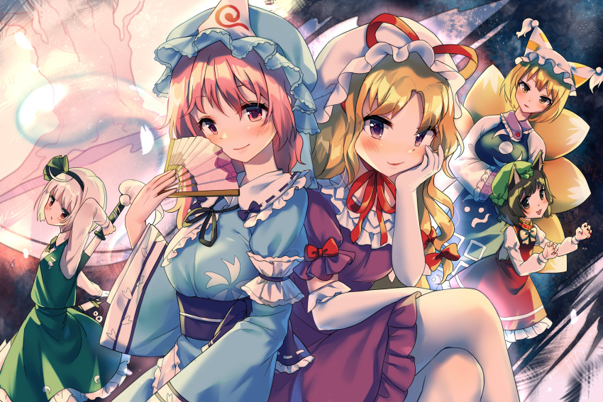 5girls absurdres animal_ears arm_behind_back arm_garter arm_rest arm_up back-to-back baozishark blonde_hair blue_headwear blue_kimono blush bow bowtie brown_eyes brown_hair cat_ears cat_tail chen claw_pose commentary crossed_legs dress elbow_gloves elbow_rest fan feet_out_of_frame folding_fan fox_tail gloves green_skirt green_vest hair_ribbon hat hat_ribbon head_in_hand head_tilt highres holding holding_fan holding_sword holding_weapon japanese_clothes kimono konpaku_youmu konpaku_youmu_(ghost) long_hair long_sleeves looking_at_viewer looking_back mixed-language_commentary mob_cap multiple_girls multiple_tails neck_ribbon obi pantyhose perfect_cherry_blossom pillow_hat pink_eyes pink_hair purple_dress red_eyes red_neckwear red_skirt red_vest ribbon saigyou_ayakashi saigyouji_yuyuko sash shirt short_hair short_sleeves silver_hair sitting skirt smile standing sword tabard tail touhou tree triangular_headpiece very_long_hair vest violet_eyes weapon white_gloves white_legwear white_shirt yakumo_ran yakumo_yukari yellow_eyes yellow_neckwear