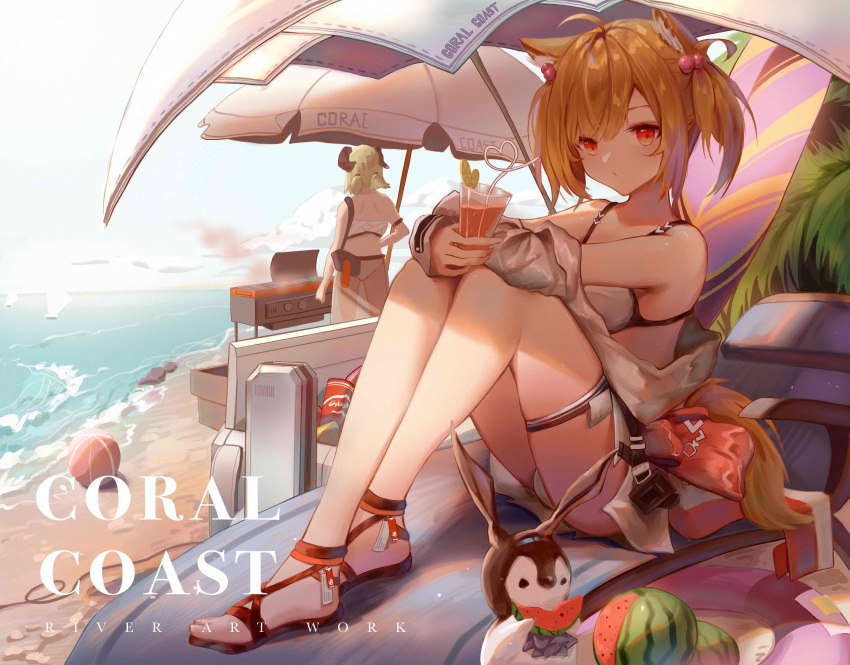 2girls absurdres ahoge amiya_(arknights) animal_ears arknights bangs bare_legs bare_shoulders beach_umbrella bikini blonde_hair chinese_commentary commentary_request cup drinking_glass drinking_straw food fruit grill highres holding holding_cup horns ifrit_(arknights) knees_up looking_at_viewer multiple_girls red_eyes river_(river15221728798) sandals short_hair sora_(arknights) swimsuit thighs twintails umbrella watermelon white_bikini wolf_ears