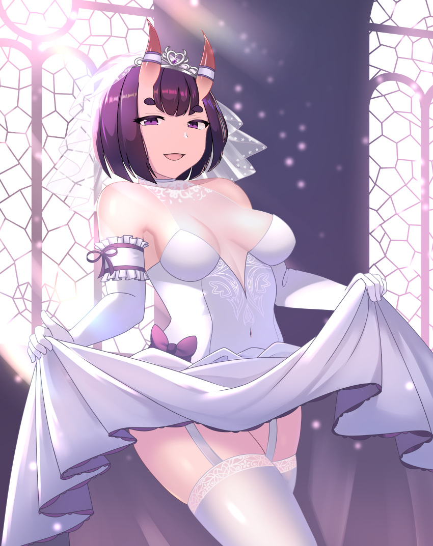 1girl absurdres alternate_costume bob_cut breasts bridal_veil bride dress dress_lift elbow_gloves fate/grand_order fate_(series) garter_straps gloves highres horns jifuwabe lifted_by_self oni oni_horns purple_hair short_hair shuten_douji_(fate/grand_order) skin-covered_horns small_breasts solo thigh-highs veil violet_eyes wedding_dress white_dress white_gloves white_legwear