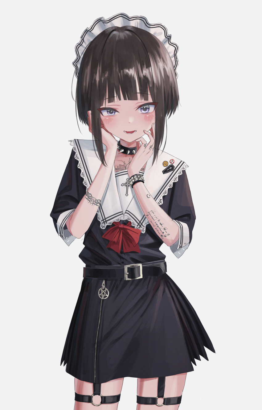 1girl :d absurdres bangs belt blunt_bangs blush bow bowtie brown_hair child collar cowboy_shot cross eyebrows_visible_through_hair finger_tattoo hands_on_own_face highres looking_at_viewer maid_headdress medium_skirt nadegata o-ring o-ring_bottom open_mouth original pentagram red_neckwear school_uniform serafuku short_hair_with_long_locks short_sleeves sidelocks simple_background skirt smile solo spiked_collar spikes standing tattoo violet_eyes white_background