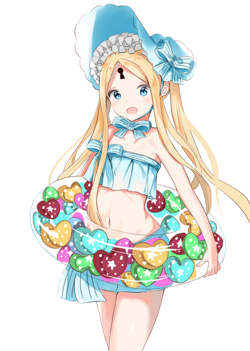 1girl abigail_williams_(fate/grand_order) abigail_williams_(swimsuit) absurdres bangs bare_shoulders bikini blonde_hair blue_bikini blue_eyes blue_headwear blush bonnet bow breasts fate/grand_order fate_(series) forehead hair_bow highres innertube keyhole long_hair looking_at_viewer navel open_mouth parted_bangs sidelocks simple_background small_breasts smile swimsuit thighs twintails white_background white_bow yukaa