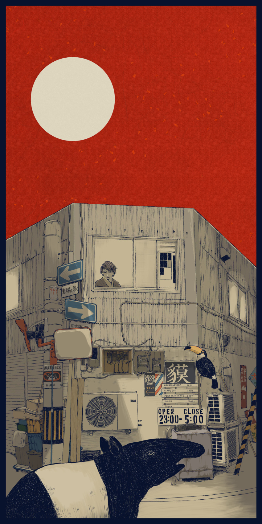 1girl absurdres air_conditioner bird black_border border building cable commentary_request full_moon highres igetarou looking_out_window moon night original red_sky scenery short_hair sign sky tapir toucan window