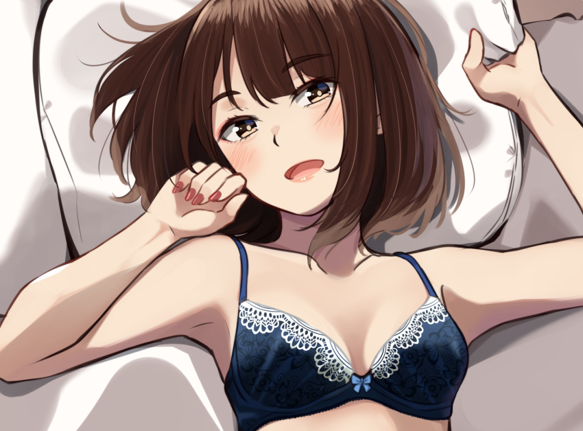 1girl :d animal_print arm_up armpits bangs bare_arms bare_shoulders bed_sheet blue_bra blush bow bow_bra bra breasts brown_eyes brown_hair butterfly_print collarbone eyebrows_visible_through_hair floral_print hand_up highres kapatarou looking_at_viewer lying medium_breasts nail_polish on_back open_mouth original pillow pillow_grab print_bra red_nails smile solo underwear underwear_only upper_body