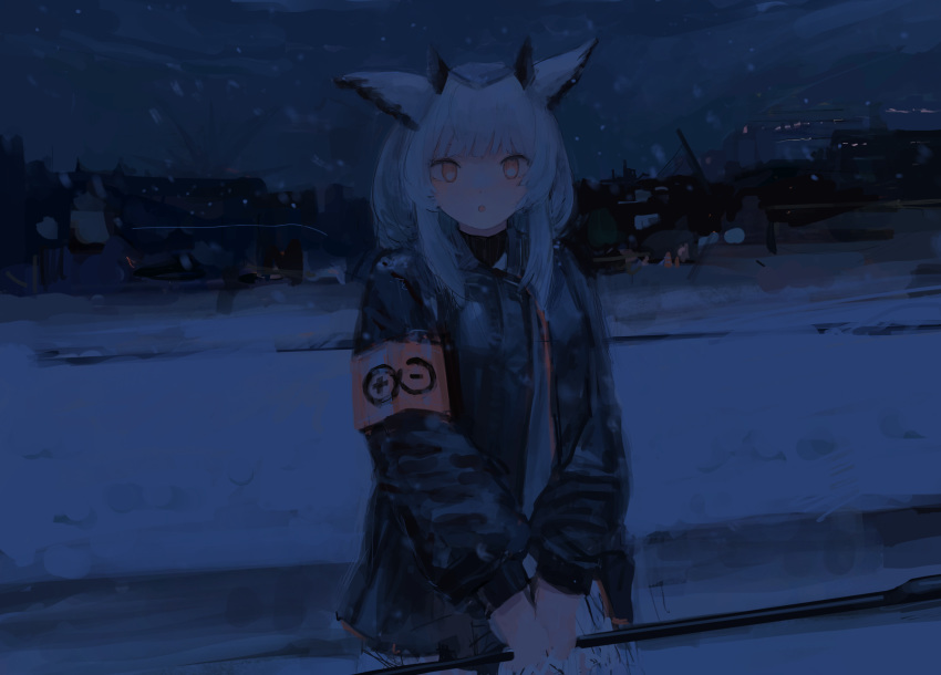 1girl :o absurdres animal_ears arknights armband as4kla bangs black_jacket blunt_bangs blush commentary_request headwear highres holding holding_staff holding_weapon jacket long_hair long_sleeves night open_mouth orange_eyes outdoors owl_ears ptilopsis_(arknights) rhine_lab_logo scenery sidelocks snow snowing solo staff weapon white_hair