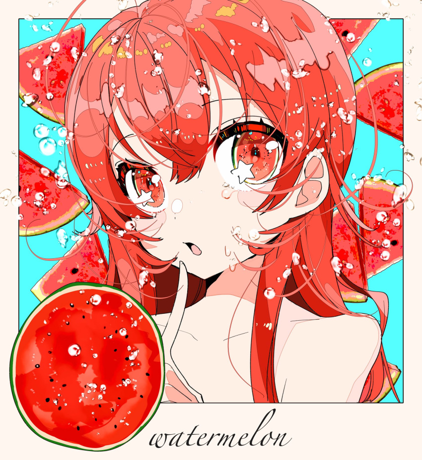 1girl bare_shoulders blue_background blush bubble close-up collarbone english_text eyebrows_visible_through_hair finger_to_mouth food fruit fruit_eyes hair_between_eyes highres long_hair open_mouth original red_eyes redhead solo star_(symbol) star_in_eye sweat symbol_in_eye upper_body watariganikun watermelon