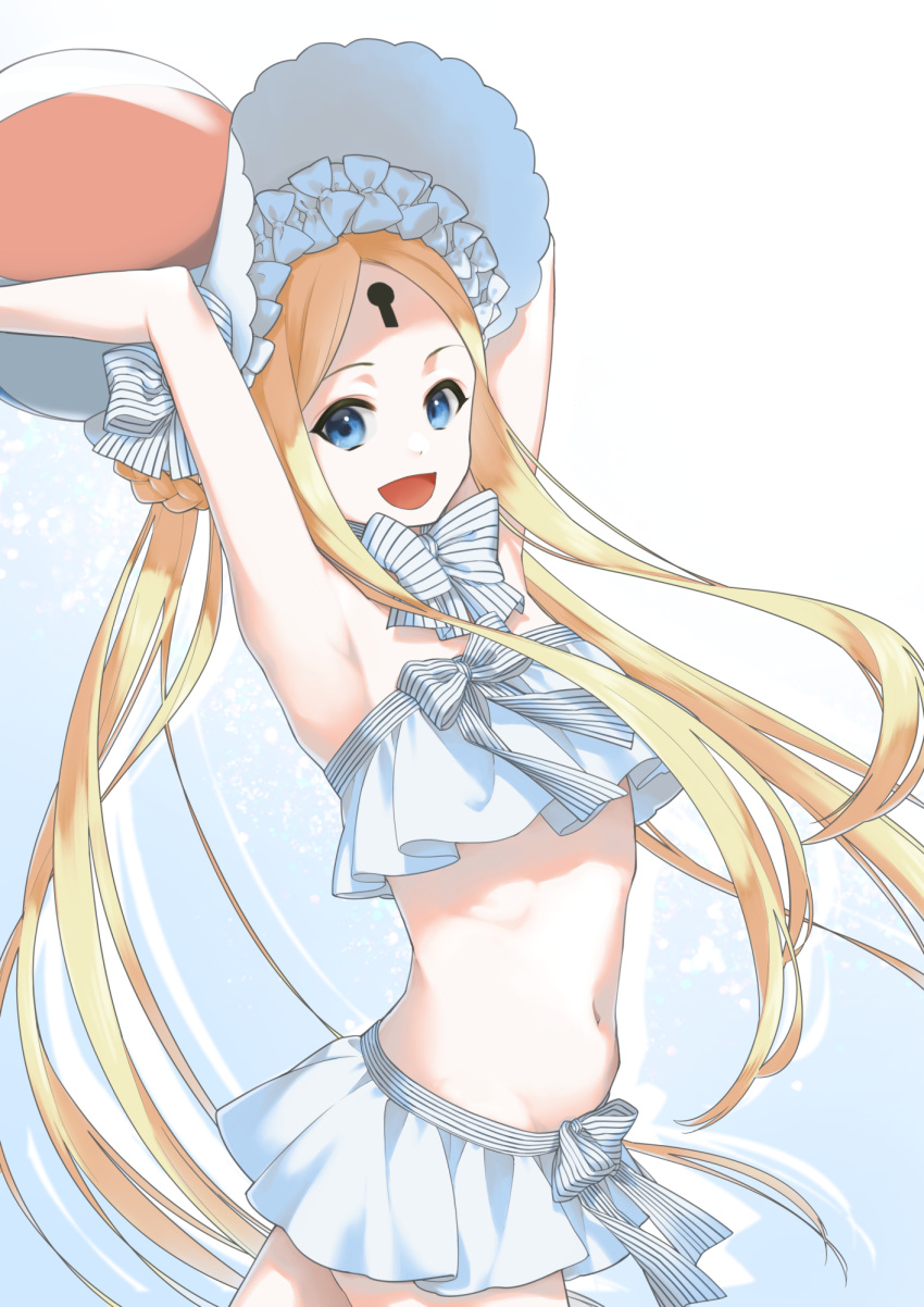 1girl abigail_williams_(fate/grand_order) abigail_williams_(swimsuit) armpits arms_behind_head arms_up ball bangs bare_shoulders beachball bikini blonde_hair blue_eyes blush bonnet bow braid breasts chito04 fate/grand_order fate_(series) forehead gradient gradient_background hair_bow hair_rings highres keyhole long_hair looking_at_viewer navel open_mouth parted_bangs sidelocks small_breasts smile swimsuit twin_braids twintails white_bikini white_bow white_headwear