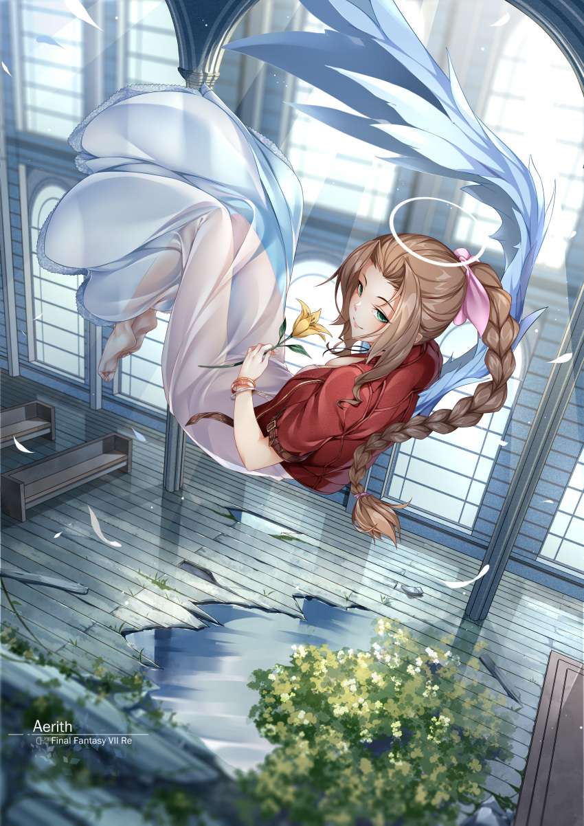 1girl absurdres aerith_gainsborough angel barefoot bow braid braided_ponytail brown_hair buster_sword church cropped_jacket dress drill_hair egoist-001 feathered_wings feathers feet final_fantasy final_fantasy_vii final_fantasy_vii_remake flower green_eyes halo highres holding holding_flower jacket long_dress looking_at_viewer pink_bow pink_dress red_jacket side_drill tri_drills wings