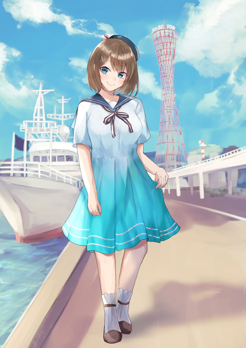 1girl absurdres beret blue_eyes blue_headwear blue_sailor_collar blue_sky brown_hair clouds commentary_request dress gradient gradient_background hair_ornament hat headgear highres kantai_collection looking_at_viewer maya_(kantai_collection) miyako_(00727aomiyako) remodel_(kantai_collection) sailor_collar sailor_dress ship short_hair sky solo tower watercraft white_dress x_hair_ornament