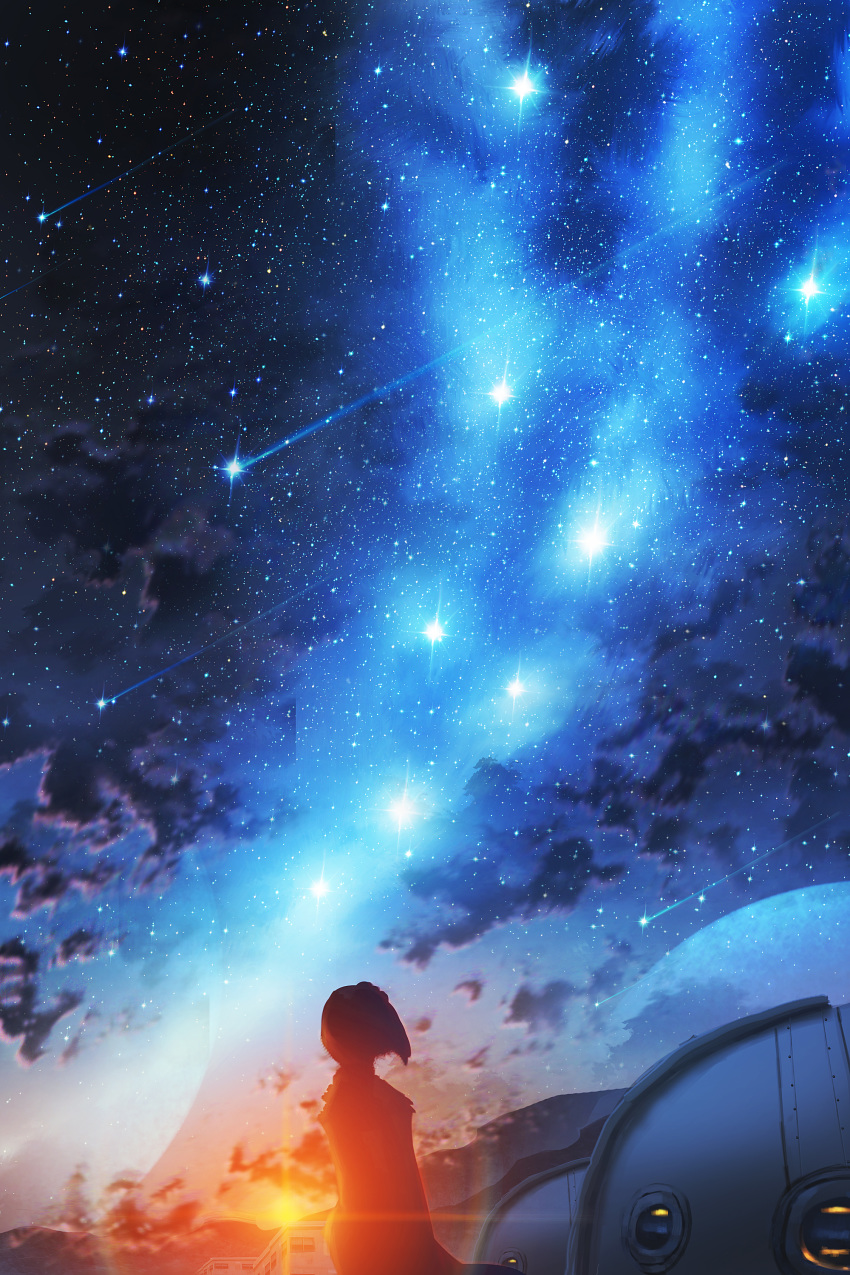 1other absurdres clouds cloudy_sky commentary_request highres kenzo_093 looking_up mountainous_horizon night night_sky original red_sky scenery short_hair sky star_(sky) starry_sky sunlight sunset