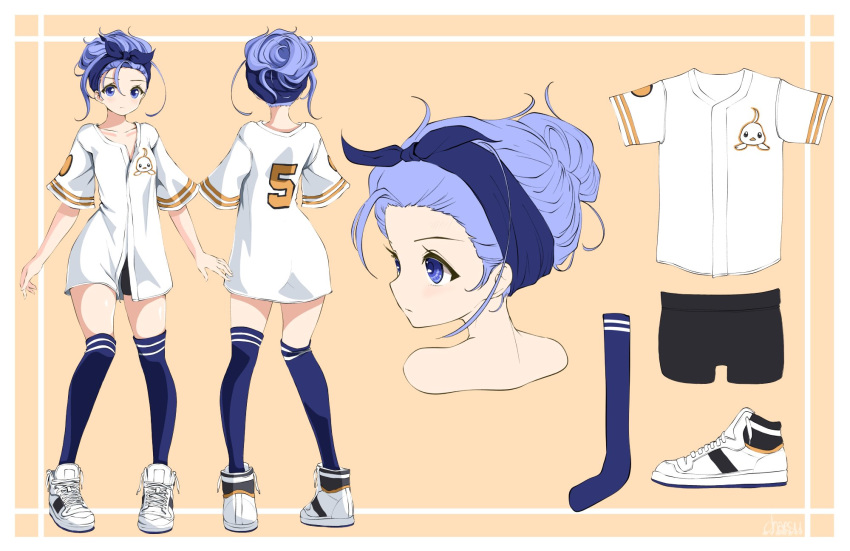 1girl antenna_hair bandana baseball_jersey bike_shorts blue_legwear chaesu character_sheet commentary english_commentary forehead full_body hair_bun highres lavender_hair messy_hair minah_(chaesu) multiple_views original over-kneehighs shoes sneakers solo sportswear thigh-highs turnaround untied_shoes updo violet_eyes