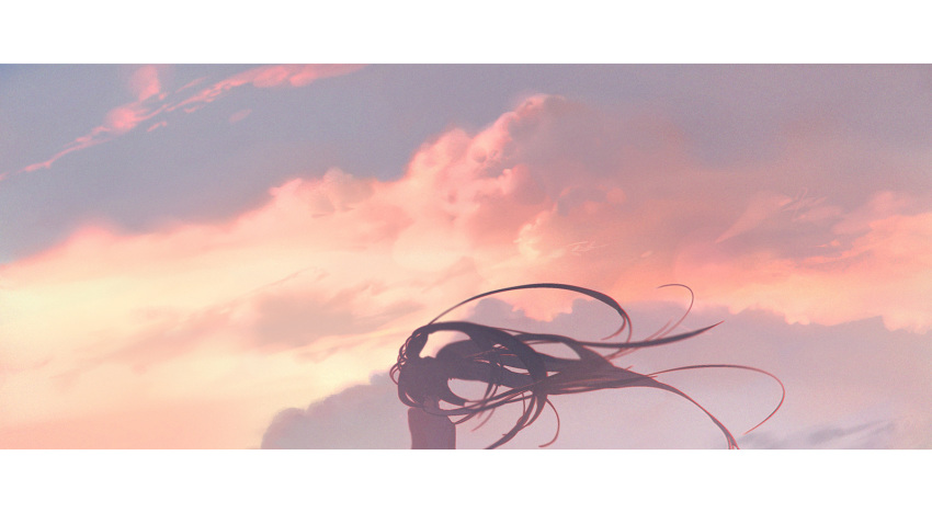1girl backlighting clouds cloudy_sky commentary from_behind hatsune_miku long_hair rella scenery sky solo sunset twintails very_long_hair vocaloid