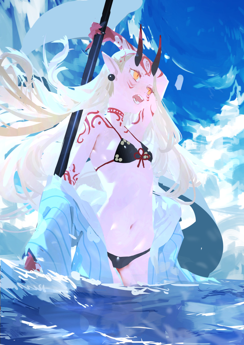 1girl bikini black_bikini blonde_hair blue_sky breasts clouds earrings eyeliner facial_mark fate/grand_order fate_(series) highres holding holding_weapon horns ibaraki_douji_(fate/grand_order) ibaraki_douji_(swimsuit_lancer)_(fate) jewelry kuronoiparoma long_hair makeup navel off_shoulder oni oni_horns open_mouth outdoors pointy_ears sky solo swimsuit tattoo teeth wading weapon yellow_eyes