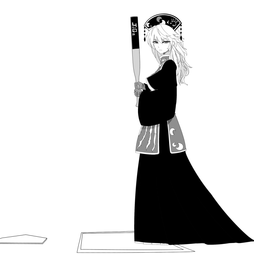 1girl baseball baseball_base baseball_bat black_dress black_headwear breasts commentary dress from_side full_body gloves highres holding holding_baseball_bat junko_(touhou) kikoka_(mizuumi) long_hair long_sleeves looking_at_viewer medium_breasts monochrome simple_background solo tabard tassel touhou white_background wide_sleeves