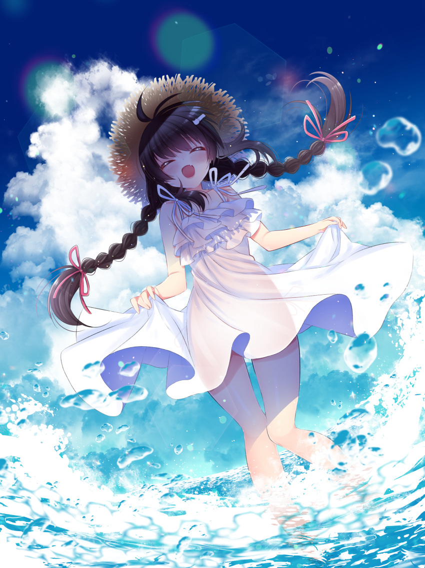 1girl absurdres bare_arms blush braid brown_hair closed_eyes clouds cloudy_sky day dress dress_lift eyebrows_visible_through_hair facing_viewer fang hair_between_eyes hair_ornament hair_ribbon hairclip hano_haruka hat highres light_particles long_hair ocean open_mouth original ribbon skin_fang sky sleeveless sleeveless_dress solo straw_hat sundress twin_braids very_long_hair wading water_drop white_dress