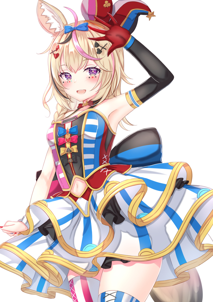 1girl ahoge animal_ear_fluff arm_up armpits bare_shoulders blonde_hair cowboy_shot dress elbow_gloves gloves gold_trim highres hololive long_hair looking_at_viewer multicolored multicolored_clothes multicolored_dress multicolored_hair omaru_polka open_mouth red_gloves simple_background single_glove sleeveless sleeveless_dress smile solo streaked_hair striped striped_legwear thigh-highs violet_eyes virtual_youtuber white_background yuano zettai_ryouiki